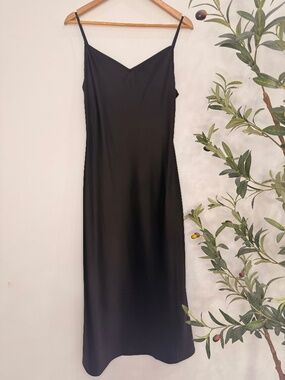 Rachel Zoe Black Satin Maxi Slip Dress Adjustable Straps Size M